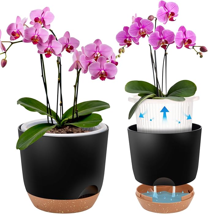 3Packs 7.2 Inch Self Watering Orchid Pots for Indoor Plants,Macetas para Orqudeas,Flower Pots for Indoor Plants with Holes（Black）