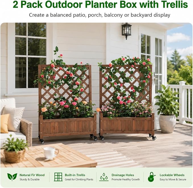 2 Pack Trellis Raised Garden Bed with Wheels, 38" Tall Wooden Planter Box with Trellis, Lattice Privacy Screen with Drainage Holes for Patio Balcony Garden