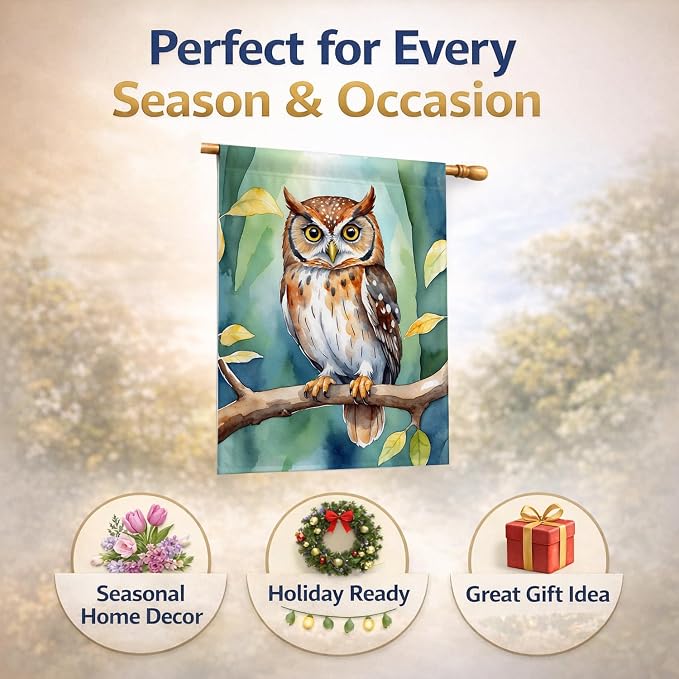 Caroline's Treasures Elf Owl House Flag Large Porch Sleeve Pole Decorative Outside Yard Banner Artwork Wall Hanging, Polyester, House Size, Multicolor
