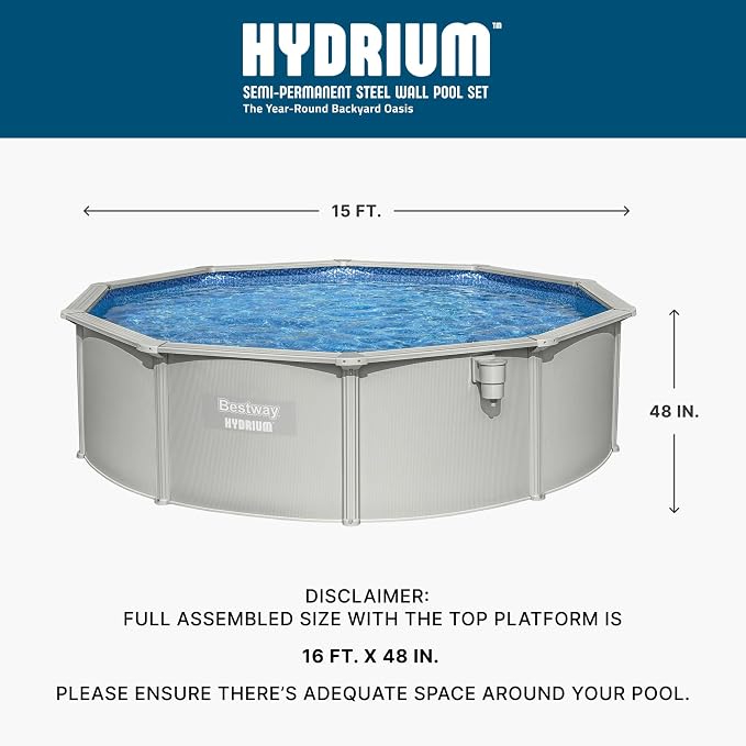 Bestway Hydrium 15' x 48" Steel Side Wall Above Ground Pool with Pump | Semi-Permanent All-Season Swimming Pool with Galvanized Steel Frame - Sand Filter Pump, Ladder, Cover, and Skimmer Included