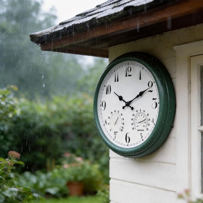 Outdoor Waterproof Wall Clock with Thermometer and Hygrometer Combo, 15 in Retro Battery Operated Garden Clocks for Indoor and Outside Patio Deck Pool -Not Silent (Turquoise)