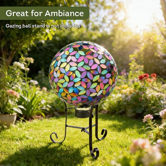 Lily's Home Colorful Mosaic Glass Gazing Ball, Designed with a Stunning Holographic Petal Mosaic Pattern to Bring Color and Reflection to Any Home and Garden, Leaves (10" Diameter)