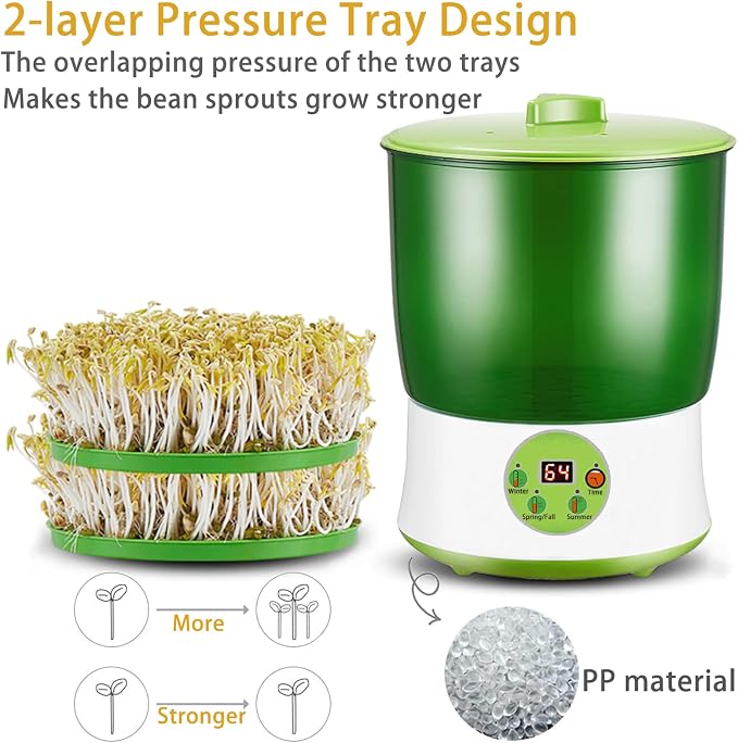 Bean Sprouts Machine, LED Display Time Control, Intelligent Automatic Bean Sprouts Maker, 2 Layers Function Large Capacity Seed Grow Cereal Tool, 110V