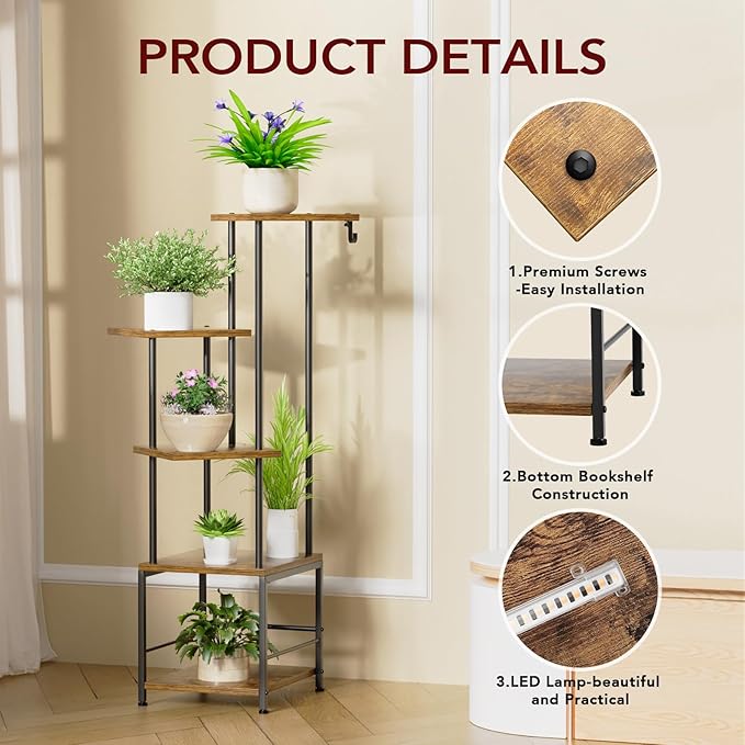 Homsorout Plant Stand Indoor with Grow Light - 5-Tier Metal Plant Shelf with Hanging Basket Hook, Corner Tall Flower Holder for Multiple Plants, Living Room Balcony Garden Patio, Rustic Brown
