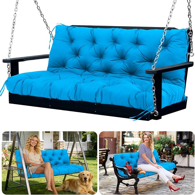 Porch Swing Cushions 3 Seater Replacement Thicken 5" Waterproof & Fade Resistant Swing Cushions for Outdoor Furniture Bench Patio Swing Cushion with Backrest & Ties(Lake Blue 55x40x5inch)