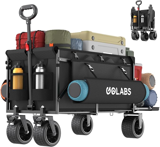 Golabs WA2 Wagon Cart Max 440lbs Load & Expandable Storage 205L, Heavy Duty Beach Wagon w/ 7×4" Big All-Terrain Wheel, 3S Quick Fold &Flexible Steering Design,2 Side Strap Design for Garden & Camping