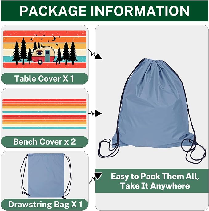 Picnic Table Cover with Bench Covers Elastic Edges, Rainbow Camper Fitted Table Cover, Outdoor Camping Essentials 72 Inch 3PCS, Waterproof Camping Fitted Tablecloth with Drawstring Bag