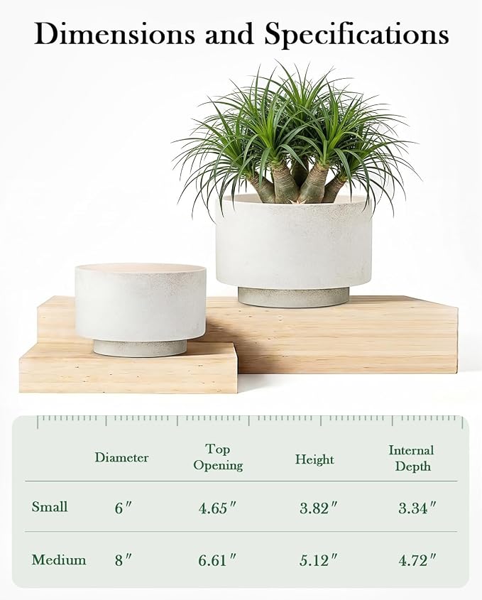 Succulent Pots, 8 Inch + 6 Inch Plant Pots with Drainage Hole, Indoor Outdoor Glazed Ceramic Planter, Set of 2 Modern Round Flower Pots for Plants, White