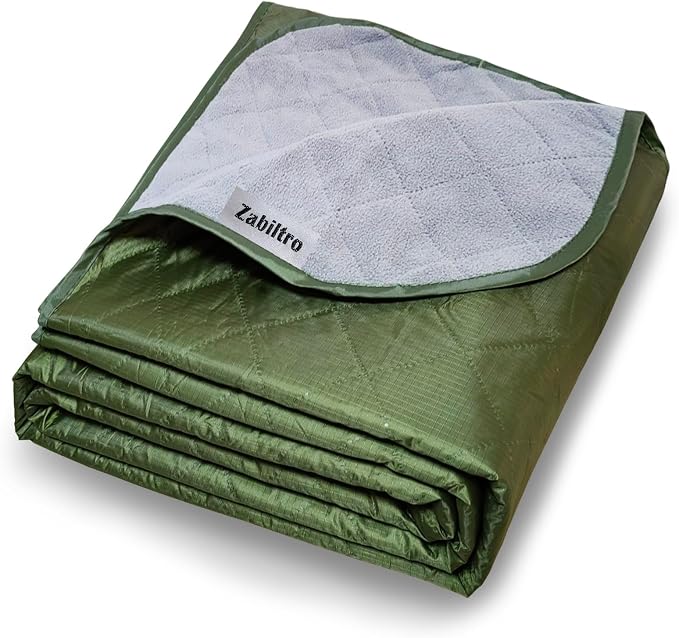 Large Outdoor Waterproof Blanket-Quilted Extra Thick Fleece Windproof Warm Includes Stuff Sack Shoulder Strap Machine Washable,55"x78"- Army Green