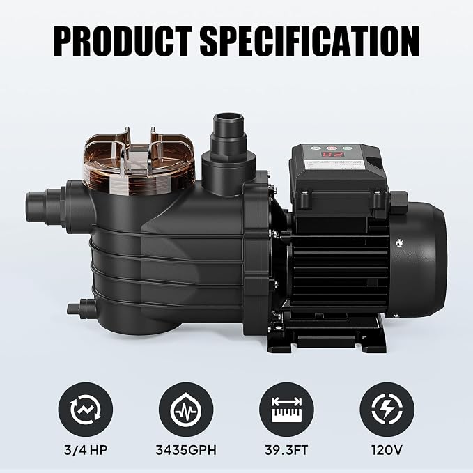 VINGLI 3/4 HP 3435 GPH Pool Pump, 110V Single Speed Self Priming Swimming Pool Pump, Powerful Copper Motor Water Circulation Pump with Filter Basket for Above Ground Pools Spas, US Plug