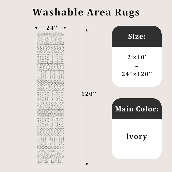Art&Tuft 2x10 Runner Rug Non Slip, Washable Rug Runners for Hallways,Ivory | Low Pile, Moroccan Soft & Lighweight, Folable, Stain Resistant 10ft Carpet Runners for Entryway,Kitchen,Living Room,Bedroom