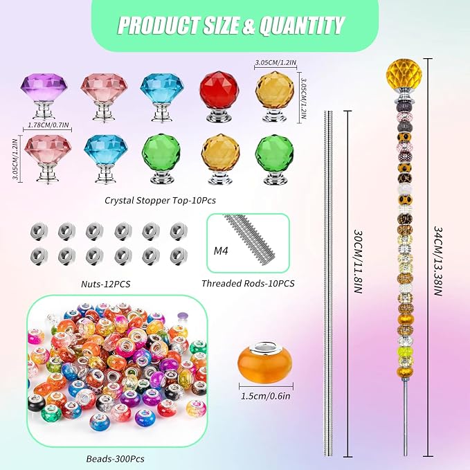 300Pcs Beaded Garden Stakes Kit,DIY Fairy Wand Garden Stake Beads Kits with 10Large Hole Beads & 10 Threaded Rods,Fairy Garden Accessories for Plants Garden Outdoor & Indoor Decor