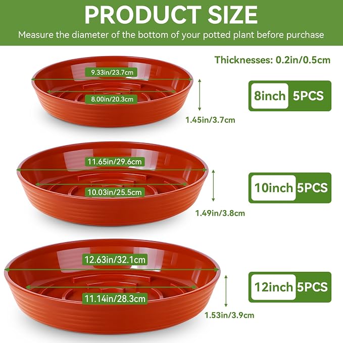 15 Pack Plant Trays for Pots 1.5" Deep Plant Saucers, Heavy Duty 8" 10" 12 inch Plant Tray Bulk Thickened Plant Plates to Catch Water, Durable Plant Saucer Flower Pot Accessories