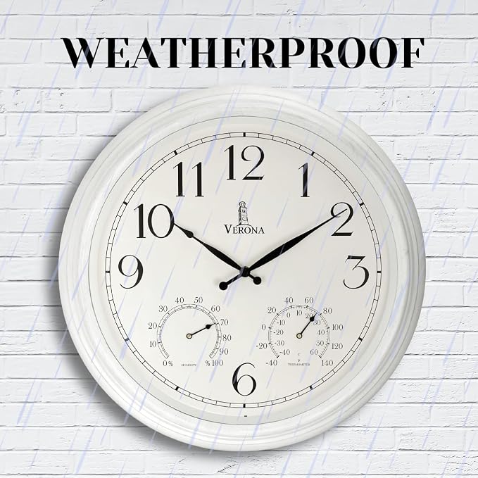 Outdoor Clocks for Patio Large Waterproof with Thermometer - White 18 inch Indoor Outdoor Wall Clock with Temperature and Humidity Combo - Weatherproof, Accurate & Easy to Read for Pool, Garden & Home
