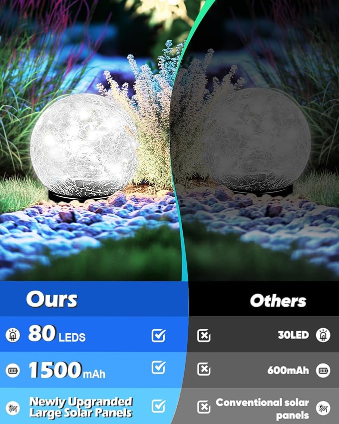 Garden Solar Ball Lights Outdoor Waterproof, 80 LED Cracked Glass Globe Ground Lights for Path Yard Patio Lawn, Outdoor Decoration Landscape White (2 Pack 5.9'')