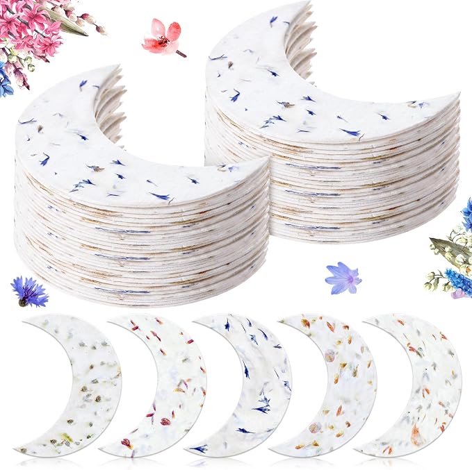 Dunzoom 50 Pcs Handmade Seed Paper Plantable Wildflower Seed Paper Recycled Flower Petals Tags Wedding Favors for Guests Craft Gifts Cards for Envelope Birthday Party, 5 Styles (Moon)