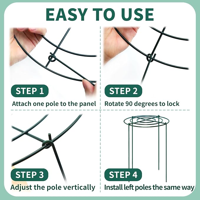4 Sets Peony Support Cage,24"Diax32"High Heavy Duty Metal Plant Support,Grow Through Hoops Grids with 4 Thickened 6mm Legs,Strong Support Brace for Heavy Blossoms,Flower Support Ring for Peonies,Rose