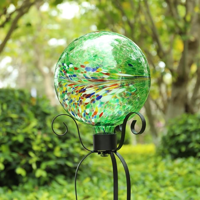 VCUTEKA Gazing Ball for Garden, Glass Outdoor Garden Globe Decor 10" Green | Handcrafted green swirl glass gazing balls that creates elegant garden focal point in any outdoor landscape yard decorative