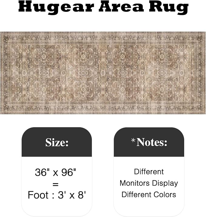3x8 Brown Vintage Distressed Washable Runner Rug for Hallway | Low Pile, Non Slip, Retro Style, Soft Distressed Hallway Runner Rug for Kitchen, Entryway, Laundry Room, Home Decor