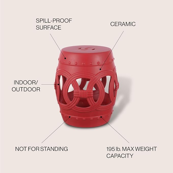 JONATHAN Y Lucky Coins 16" Ceramic Garden Stool, Contemporary Matte Red Cutout Interlocking Rings Drum Indoor/Outdoor Side Table and Plant Stand for Patio, Garden, Living Room TBL1022C