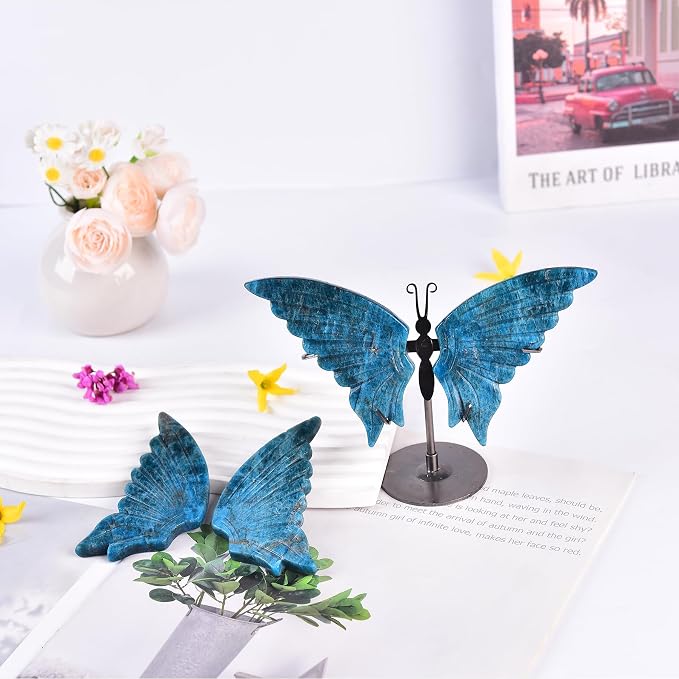 JIC Gem Large Blue Apatite Quartz Crystals Butterfly Figurine Decorative Stones Natural Rocks Healing Crystal Carved Angel Wings with Display Decor Reiki Gifts (1pair, 10cm)