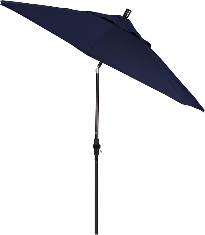 California Umbrella 9' Round Aluminum Market Umbrella, Crank Lift, Collar Tilt, Bronze Pole, Navy Blue Olefin