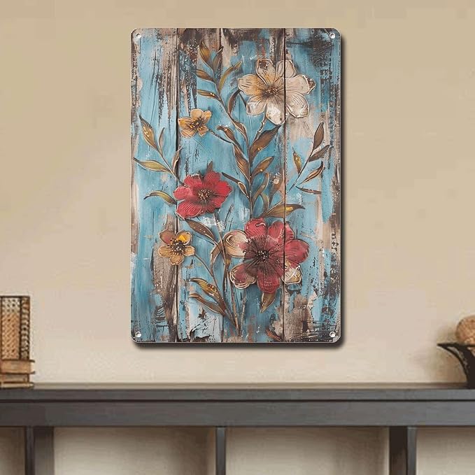 Metal Sign Tin Sign Vintage Wall Art Vintage Longevity Flowers Tin Sign for Shabby Chic Style Rustic Wall Art and Distressed Wood Pane Tin Signs for Garden for Home Decor 6×8 Inches