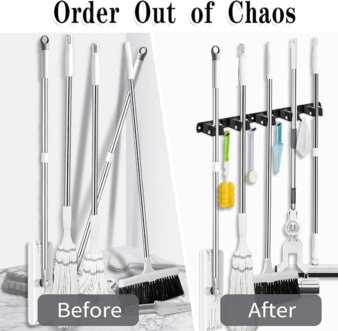 Black 5 Racks and 4 Hooks Mop and Broom Holder Wall Mount, Broom Organizer Storage Tool Racks Stainless Steel Heavy Duty Hooks Self Adhesive Solid Non-slip for Home Kitchen Garden Laundry Garage | Mop Holder Wall Mount and Broom Hanger for Garage, Laun...