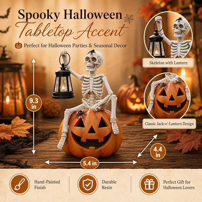 Halloween Outdoor Decorations Solar Lighted Skeleton Pumpkin Statue with Lantern 9.3 Inch Resin Jack O Lantern Yard Decor Halloween Skeleton Decoration for Porch Patio Garden Lawn
