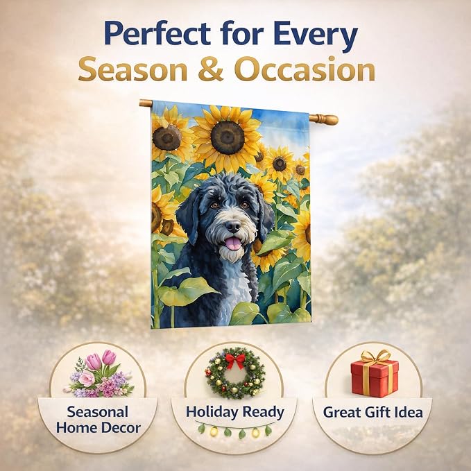 Caroline's Treasures DAC6143CHF Portuguese Water Dog in Sunflowers House Flag Large Porch Sleeve Pole Decorative Outside Yard Banner Artwork Wall Hanging, Polyester, House Size, Multicolor
