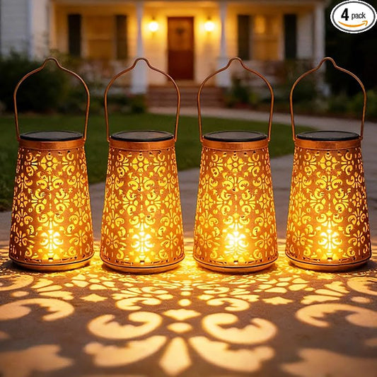 LeiDrail 4 Pack Solar Lanterns Outdoor Waterproof, Hummingbird & Flower Hanging Vintage Metal Lantern, Auto On/Off Garden Patio Yard Porch Pathway Decor, Gifts for Women Mom Grandma