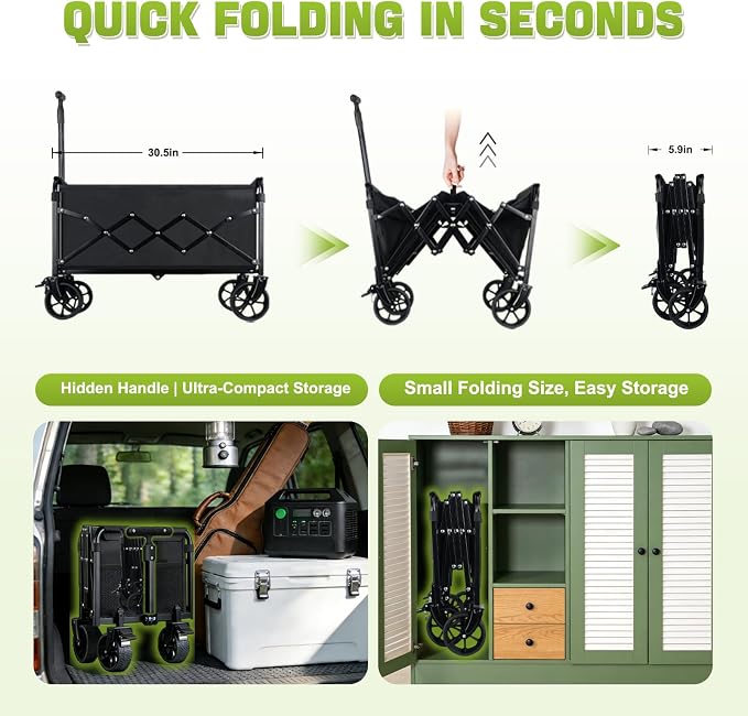 Collapsible Foldable Wagon Cart with Wheels - 360LBS Folding Utility Wagon Cart with Brakes, Lightweight Portable All-Terrain Wagons for Groceries Garden Beach Shopping Camping, 2 Cup Holders/Black