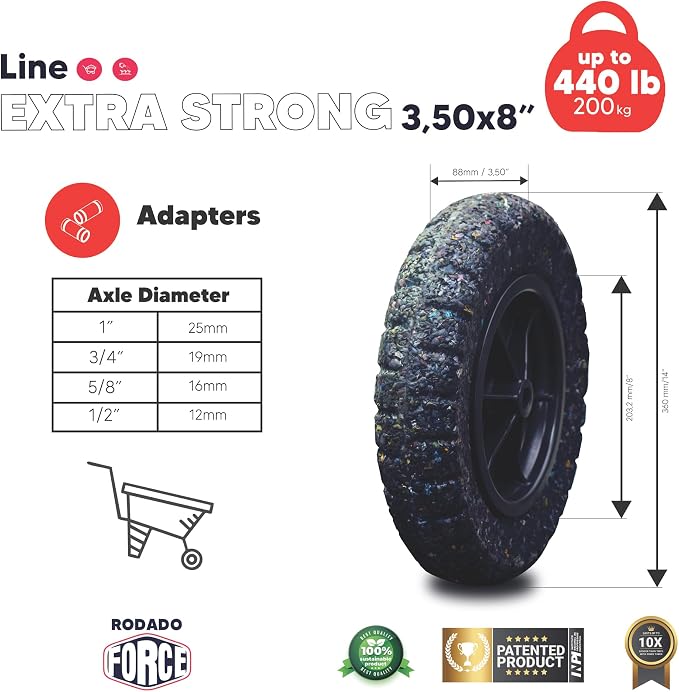 Flat-Free Wheelbarrow Tire 14" | 100% Recycled Rubber | 440 lb Capacity | Universal Axle (1", 3/4", 5/8", and 1/2") with 2 spacers | Durable, Puncture-Proof | For Garden wagon, Dolly, Utility cart