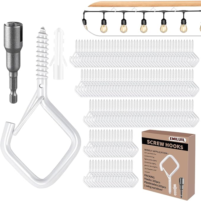 102 PCS Metal White Eye Screw Hooks for Hanging Heavy Duty.Windproof Ceiling Hooks for Hanging Plants,Cup,Wind Chime,Bird Feeders,Christmas String Lights at Indoor&Outdoor 2.2 Inch