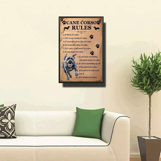 Metal Sign Tin Sign Vintage Wall Art Cano Corso Rules Tin Sign Paper for Club 12×16 Inches with Metal Frame