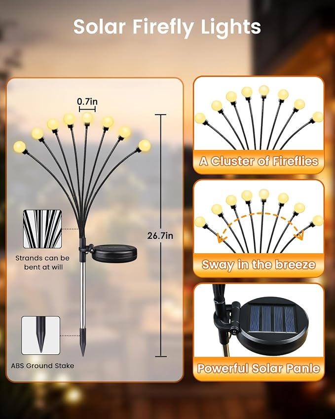 OZS 12 Pack Total 96 LED Solar Garden Lights Fairy Outdoor - Solar Firefly Lights Outdoor, Sway by Wind, Waterproof for Garden Patio Pathway Fairy Decoration (Warm White)