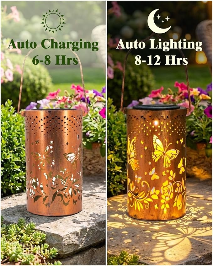 DIBIEECN 2 Pack Butterfly Solar Lanterns Outdoor Waterproof, Garden Decor | Metal Hanging Lights, IP65 Waterproof, LED Decorative Lantern, Patio & Backyard, Birthday Gifts for Women, Mom & Grandma