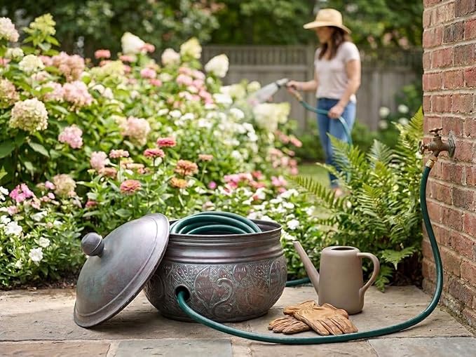 Good Directions Cypress Hose Pot with Lid, Blue Verde, Holds up to 200' of Hose