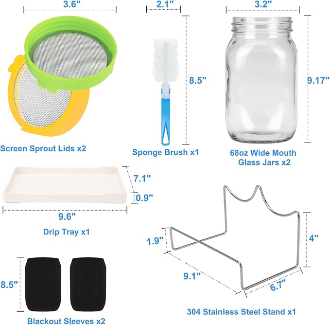  [Large Size] 68oz Sprouting Kit, 2 Sprouting Jar Kits, Wide Mouth Jars with Stainless Steel Screen Sprout Lid, 2000ml Sprouts Growing Kit, Seed Sprouter Set for Growing Broccoli, Bean, Alfalfa ﻿