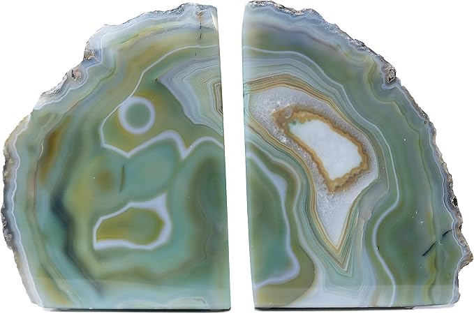 Nature's Decorations Green Agate Bookends – A+ Grade Geode Heavy Duty Decorative Stone Crystal for Shelves & Bookcases, Natural Polished Bookshelf Decor, 1 Pair 6-8Lbs