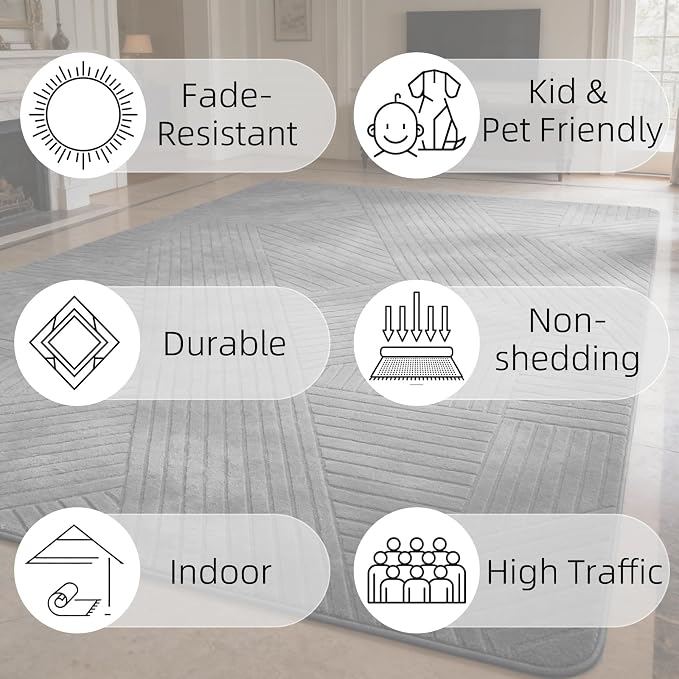 Grey 8x10 Modern Geometric Area Rug, Washable Living Room Rug | Minimalist Linear Carpet with Soft High-Low Pile, Fluffy Floor Rugs for Bedroom, Kids Room, Nursery, Home Décor