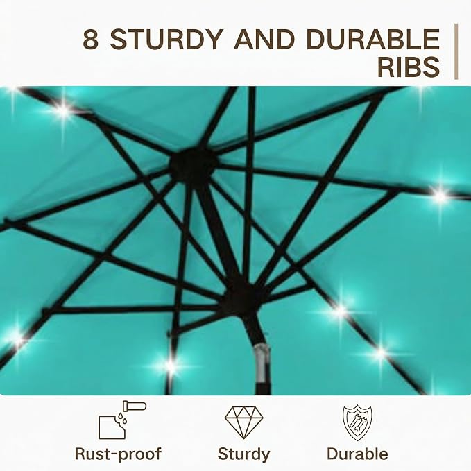 Kingdura 9FT Outdoor Patio Umbrella with Solar Lights, Market Table Umbrella with Push Button Tilt & Crank, 8 Sturdy Ribs, 32 LED Lights, UV Protection for Garden Lawn Deck Backyard Pool (Tiffany blue)