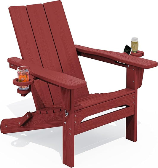SERWALL Folding Adirondack Chair with Cup Holders, All Weather Resistant Modern Adirondack Chair, HDPE Fire Pit Chairs, Lawn Chair for Patio Garden, Outdoor, Red