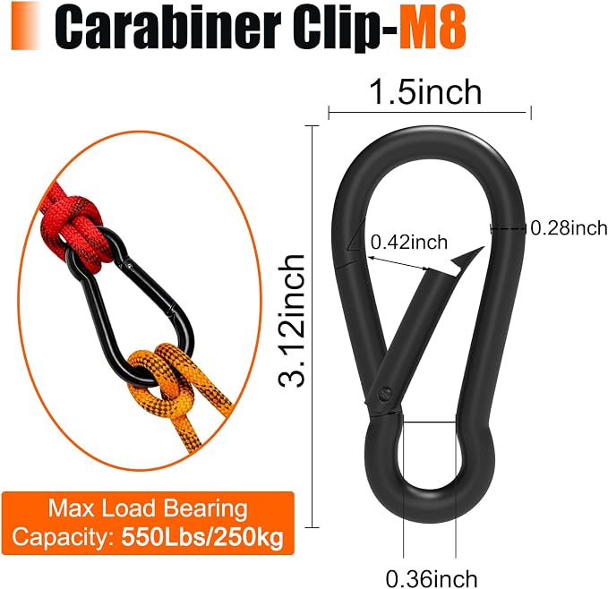 Heavy-Duty Carabiner Clip 1.57"–5.5", Black/Silver Spring Snap Hook, Quick Link Keychain Clip for Keys, Swing Set, Camping, Fishing, Hiking & Traveling (120–1350 lbs)