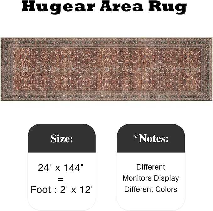 2x12 Brick Red Vintage Distressed Washable Runner Rug for Hallway | Low Pile, Non Slip, Retro Style, Soft Distressed Long Hallway Runner for Kitchen, Entryway, Laundry, Bedroom, Home Decor
