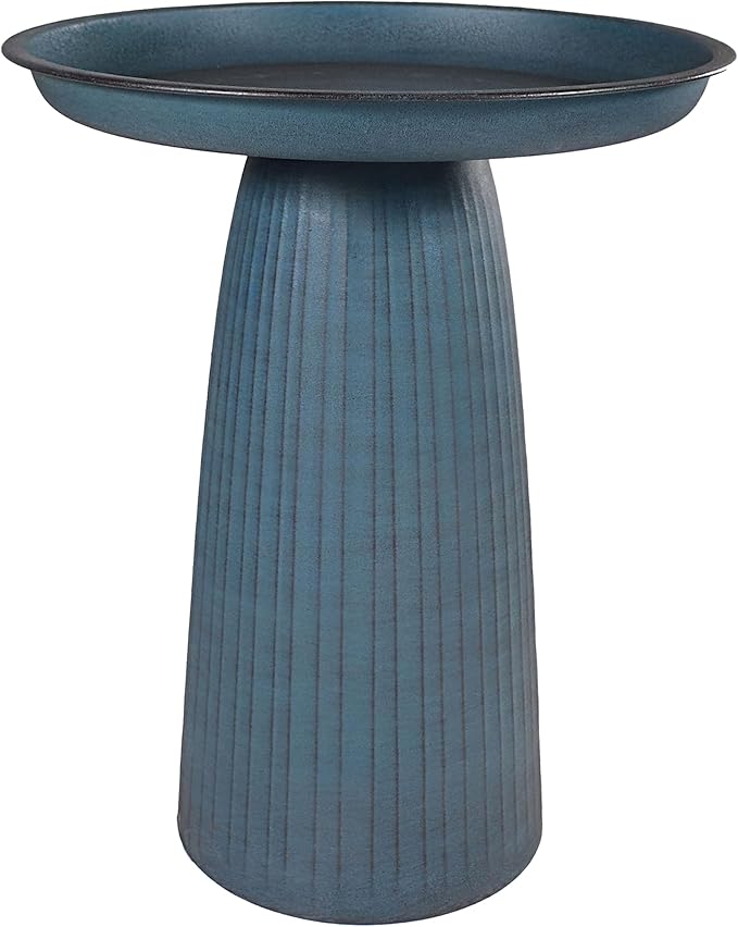 Sunnydaze Gleeful Garden 23" Iron Pedestal Bird Bath for Outside - Modern Shallow Basin Birdbath for Outdoors with UV-Protected Rust-Resistant Finish for Patio, Garden, Yard Decor - Matte Blue