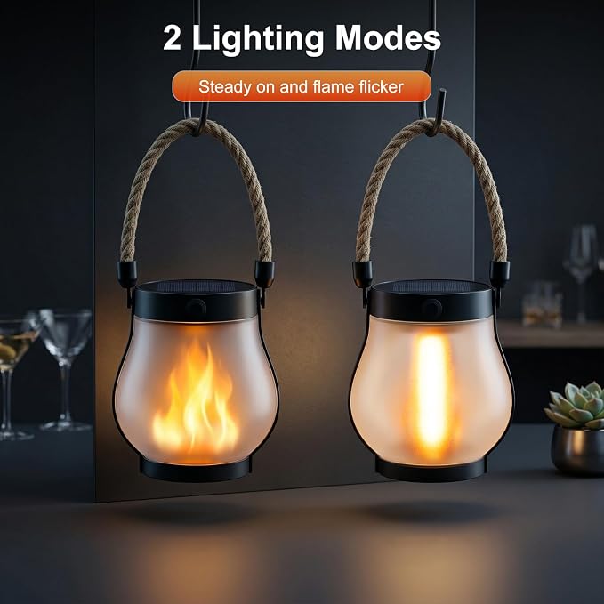 Solar Lanterns Outdoor Waterproof 6 Pack, Outdoor Solar Lanterns with Flickering Flame Effect, USB-C & Solar Charging, Auto Dusk to Dawn, Hanging Light for Garden Patio Yard