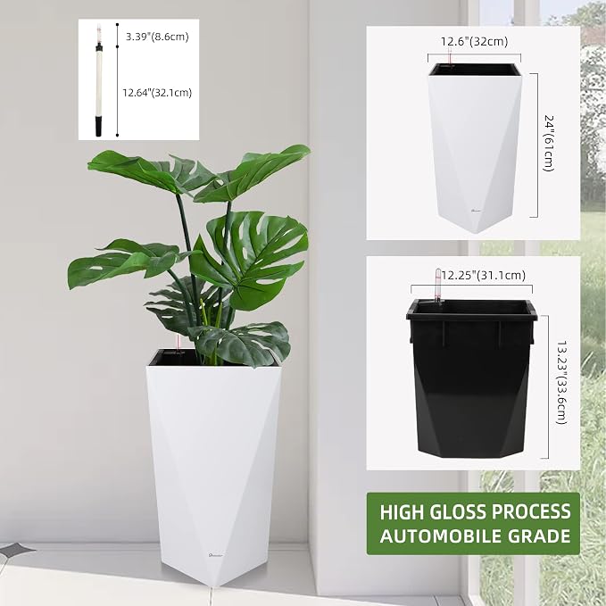 Dexceder 24 Inches Self Watering Tall Planter (White) | Diamond High Gloss, Thickened Rhombus Large Floor Standing Flower Plant Pot with Water Level Indicator Indoor Outdoor