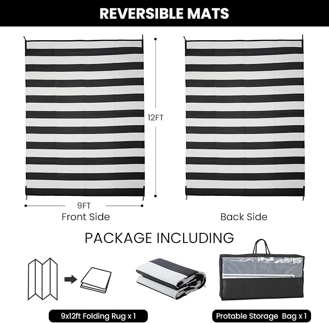 Outdoor Rug 9 x 12 ft, Reversible Plastic Straw Rug for Patio, Waterproof Large Outdoor Carpet for RV, Patio, Camping, Backyard, Deck, Picnic, Beach, Black & White