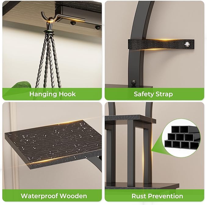 Elbourn 8 Tiered 60" Tall Plant Stand Indoor Shelf with Grow Lights (Black) | Corner Shelf Decor